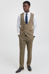 Moška 3-delna tvidasta obleka z vzorcem ribje kosti, svetlo rjava, karo, krojen kroj, dvojni klasičen kroj