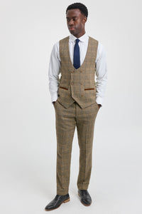 Moška 3-delna tvidasta obleka z vzorcem ribje kosti, svetlo rjava, karo, krojen kroj, dvojni klasičen kroj