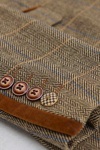 Moška 3-delna tvidasta obleka z vzorcem ribje kosti, svetlo rjava, karo, krojen kroj, dvojni klasičen kroj