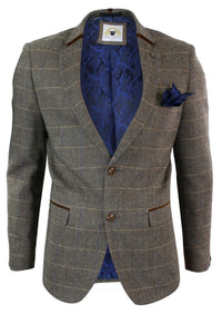 Moški tvid slim fit vzorcem ribje kosti Marc Darcy v rjavi barvi - karirasti suknjič z dvema gumboma