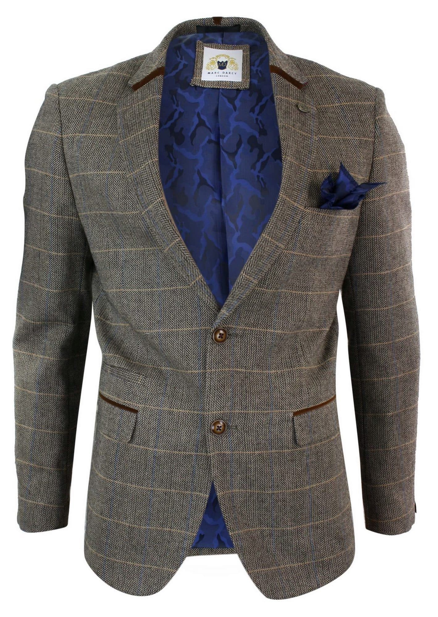 Moški tvid slim fit vzorcem ribje kosti Marc Darcy v rjavi barvi - karirasti suknjič z dvema gumboma