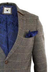 Moški tvid slim fit vzorcem ribje kosti Marc Darcy v rjavi barvi - karirasti suknjič z dvema gumboma