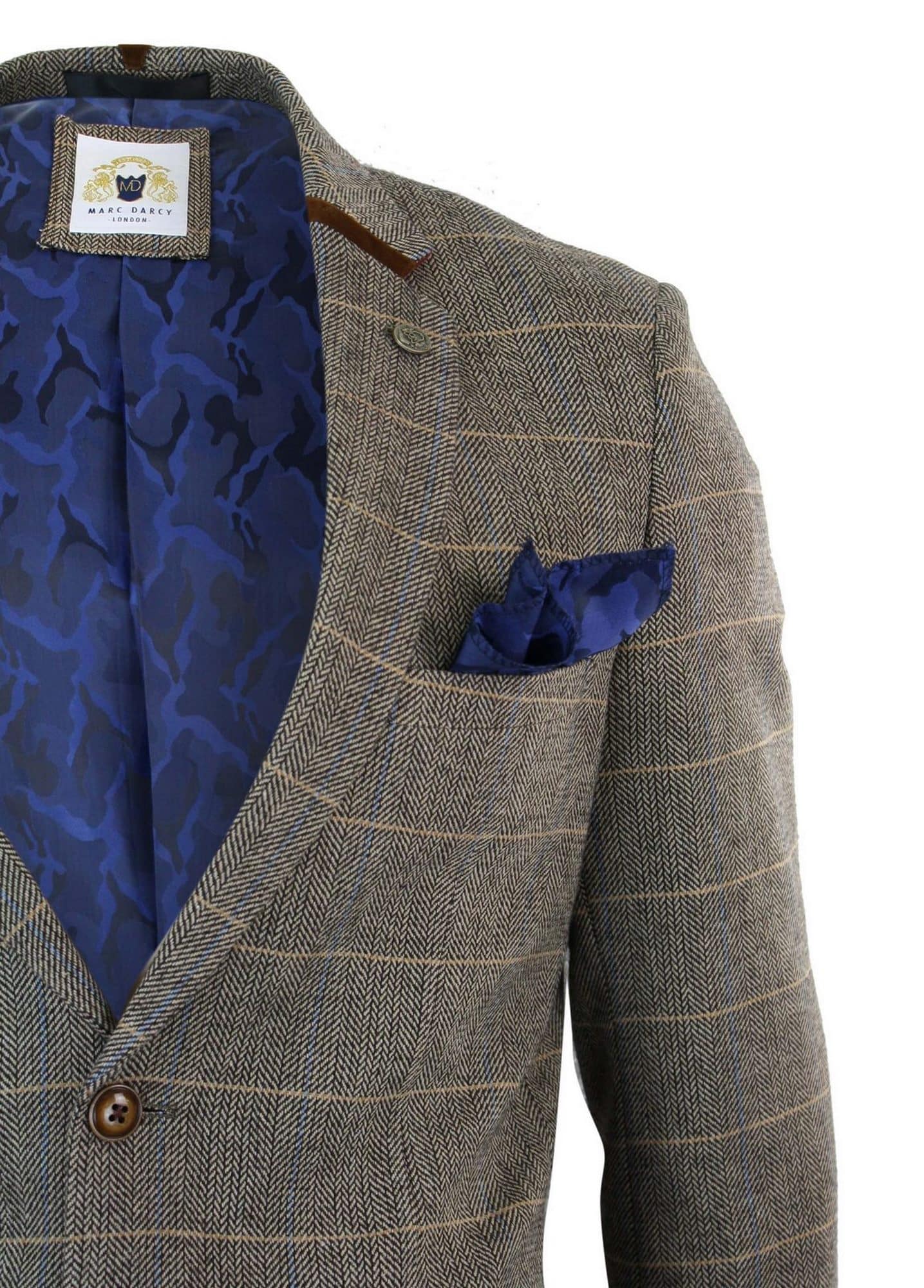Moški tvid slim fit vzorcem ribje kosti Marc Darcy v rjavi barvi - karirasti suknjič z dvema gumboma