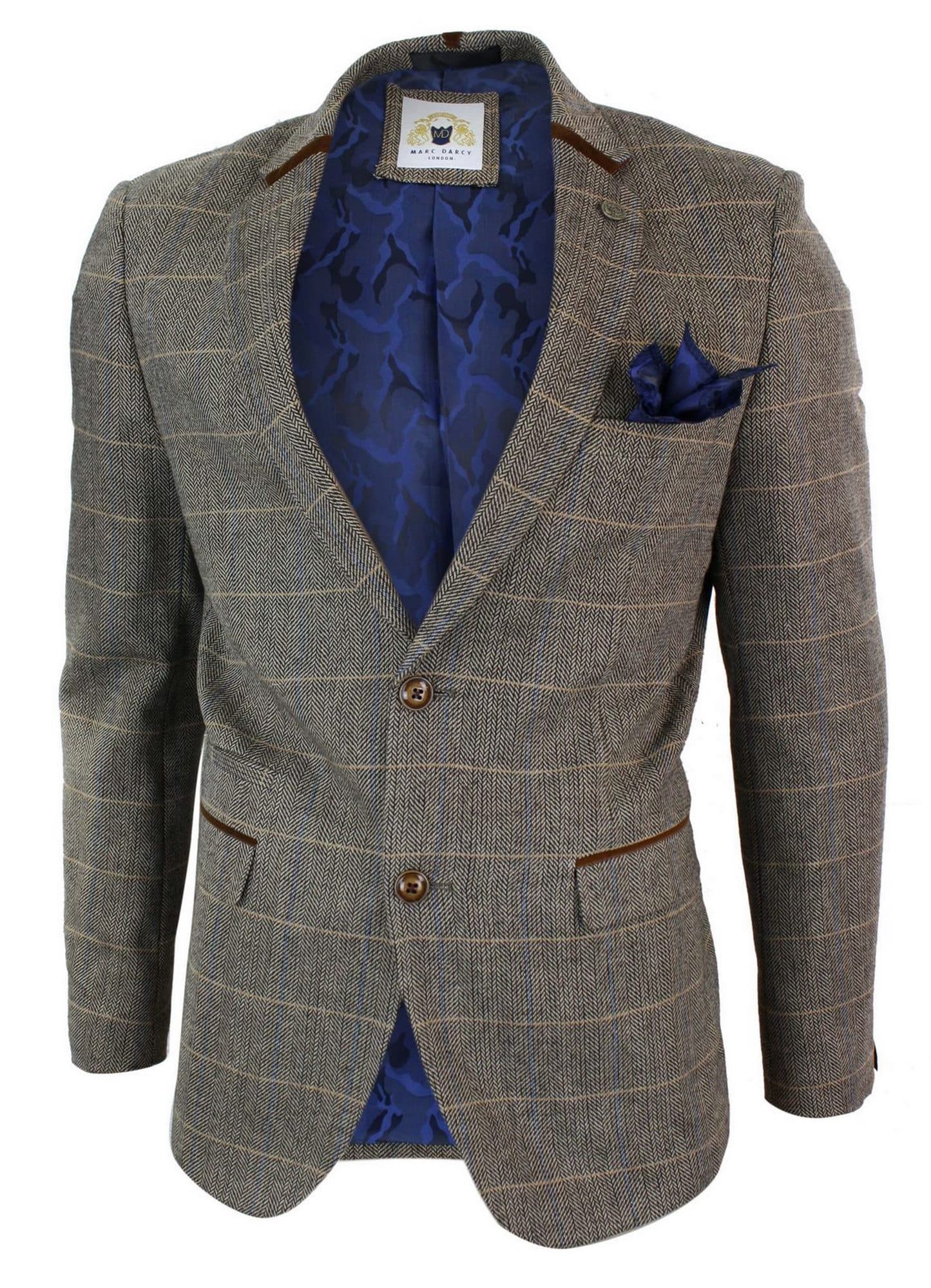 Moški tvid slim fit vzorcem ribje kosti Marc Darcy v rjavi barvi - karirasti suknjič z dvema gumboma