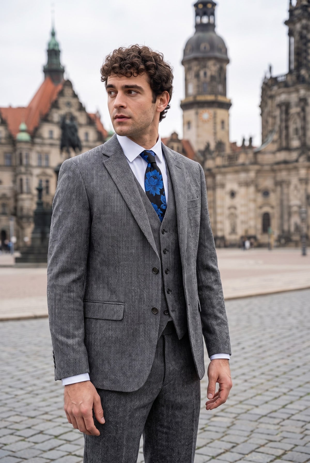 Look #974 styled with IM41 - Moška siva 3-delna tvidasta obleka z vzorcem ribje kosti