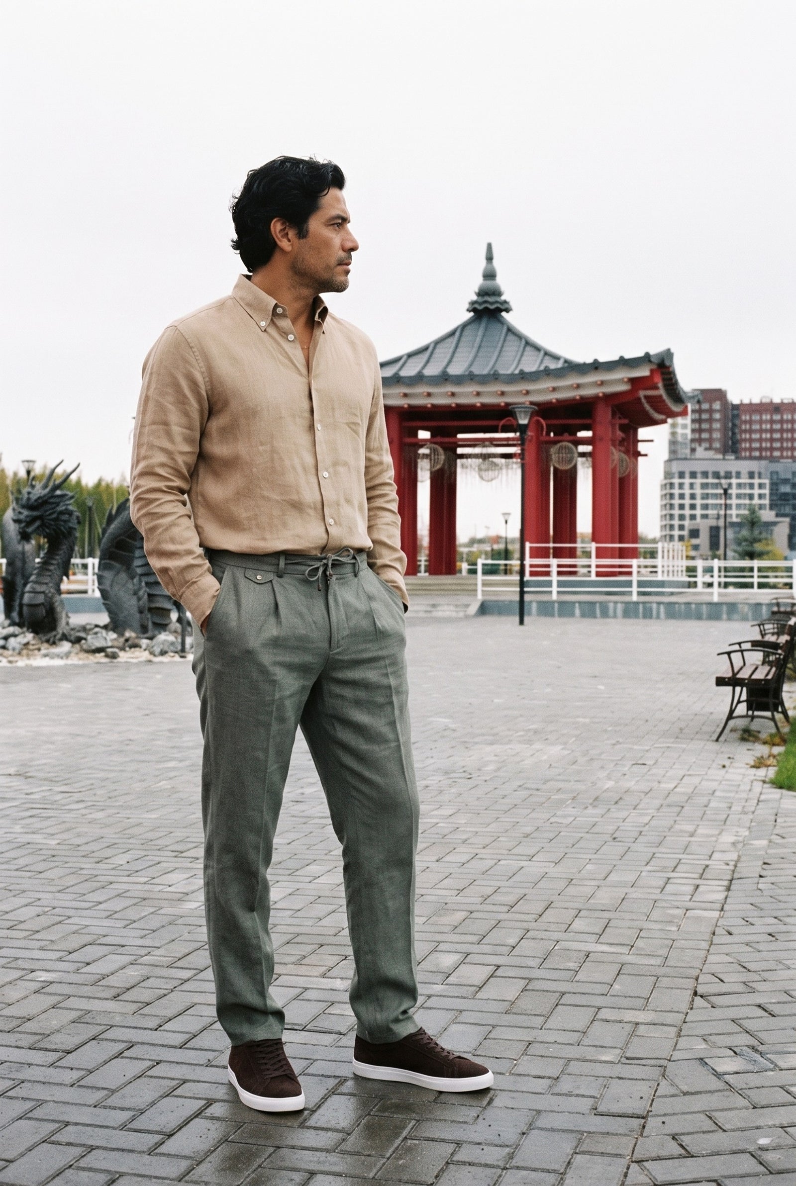 Look #1030 styled with Moška kamel rjava srajca iz čistega lana z dolgimi rokavi in gumbi