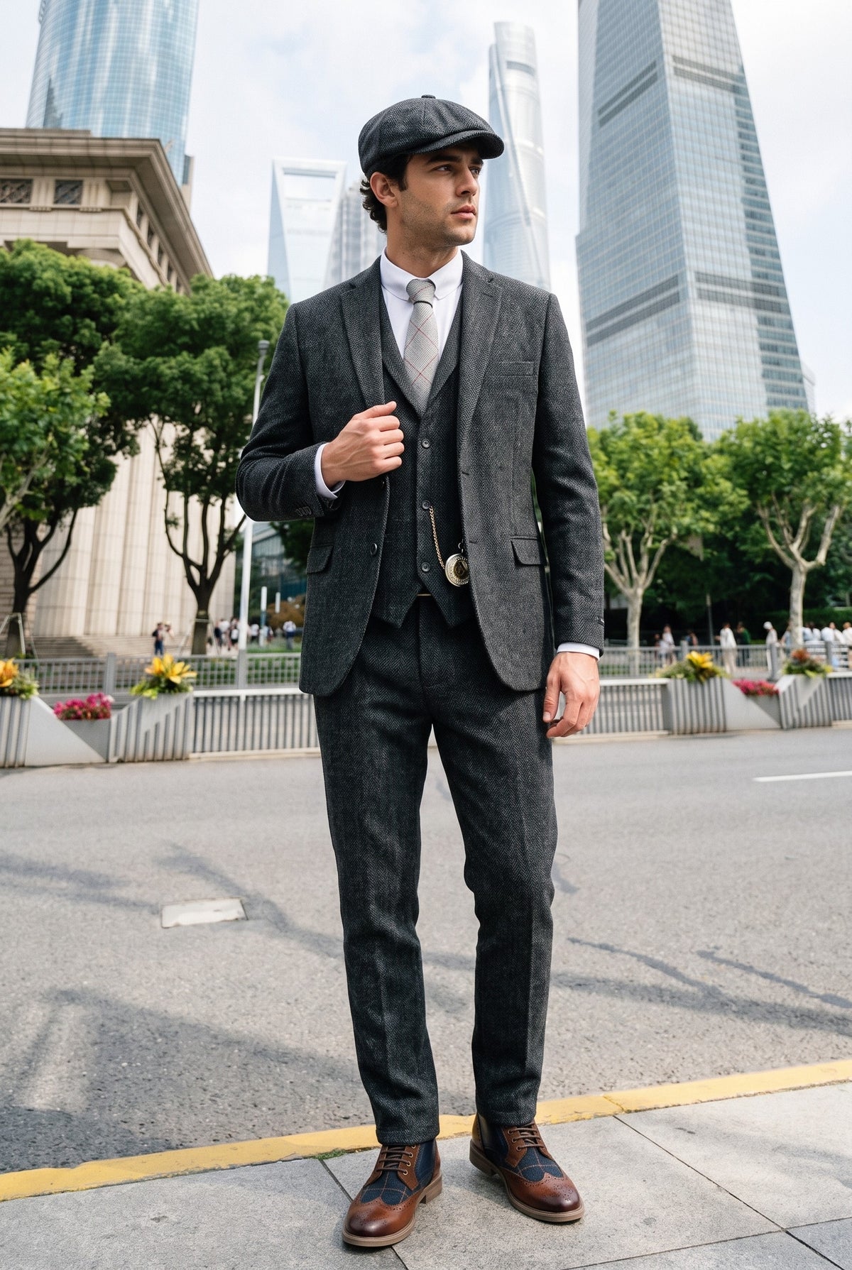 Look #882 styled with Moška temno siva 3-delna obleka iz tvida z vzorcem ribje kosti - STZ11