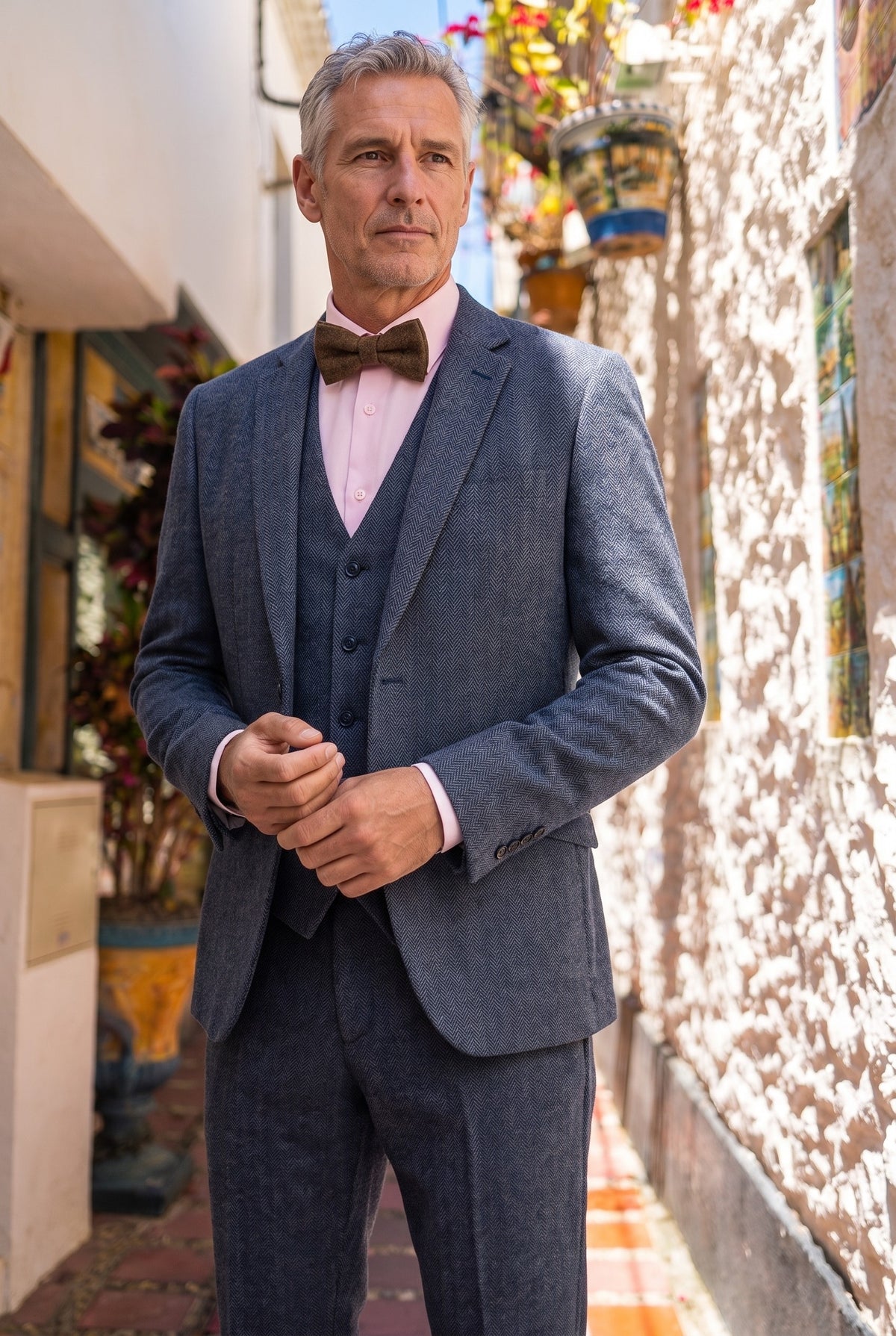Look #956 styled with Thomas - Moška mornarsko modra 3-delna obleka iz volnene mešanice v tvidu