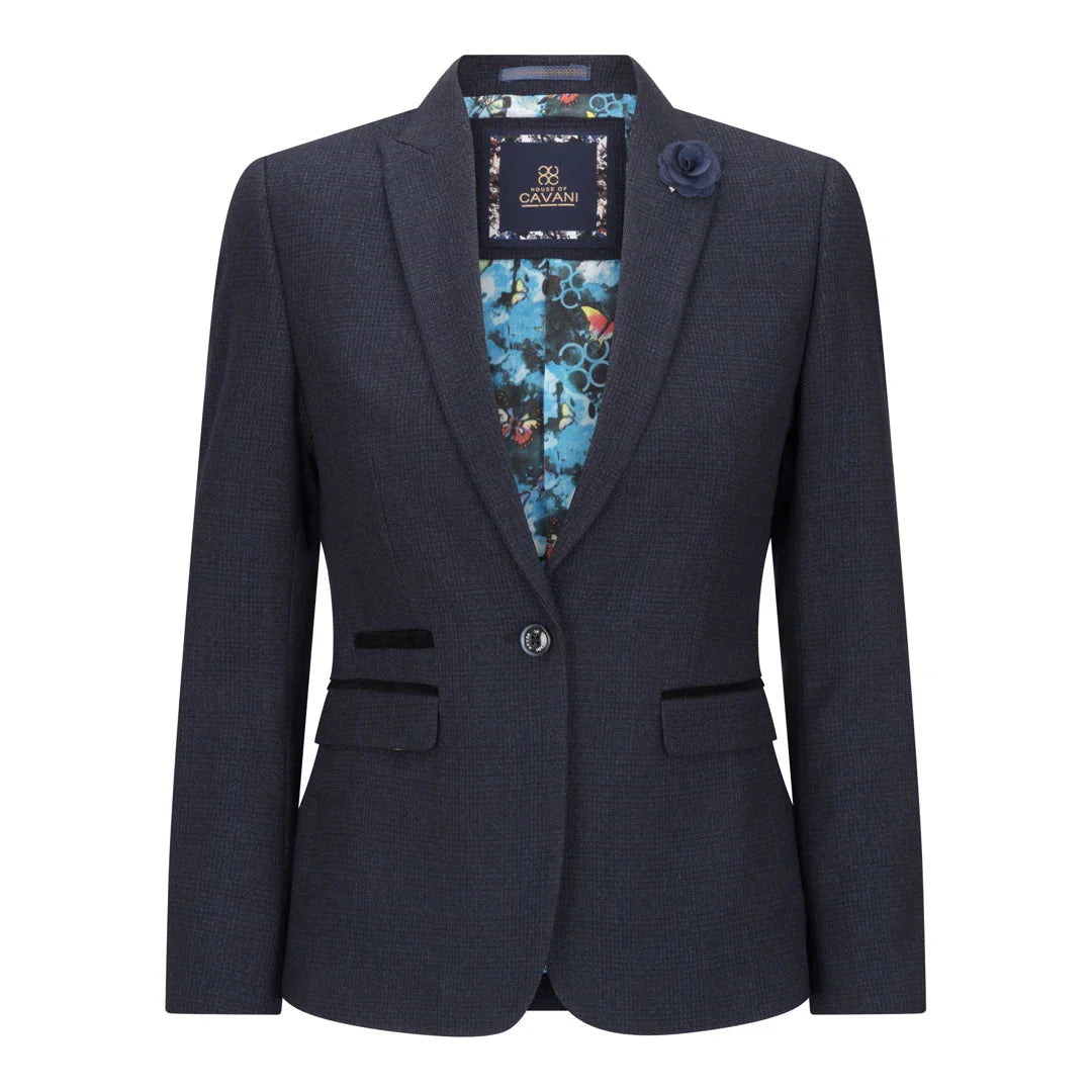 Temno moder blazer s cvetlično podlogo na belem ozadju