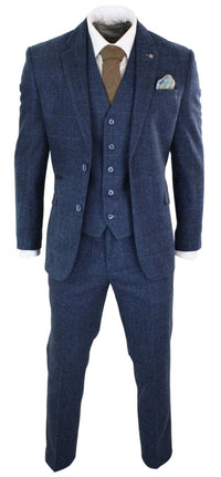 Cavani Carnegi - Moška 3-delna obleka iz tvida v temno modri barvi, vintage vzorec iz 20. let prejšnjega stoletja