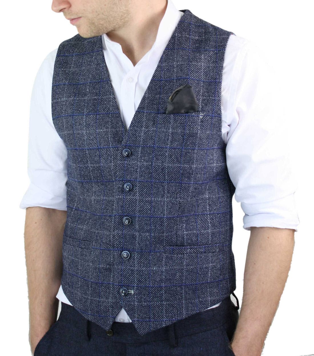 Cavani Miles - moški moder tvidast karo telovnik