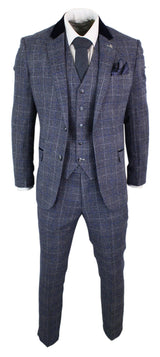 Cavani Miles - Moška modro-mornarsko modra tvidasta obleka s tremi deli, vintage vzorec Peaky Blinders, retro iz 20. let prejšnjega stoletja
