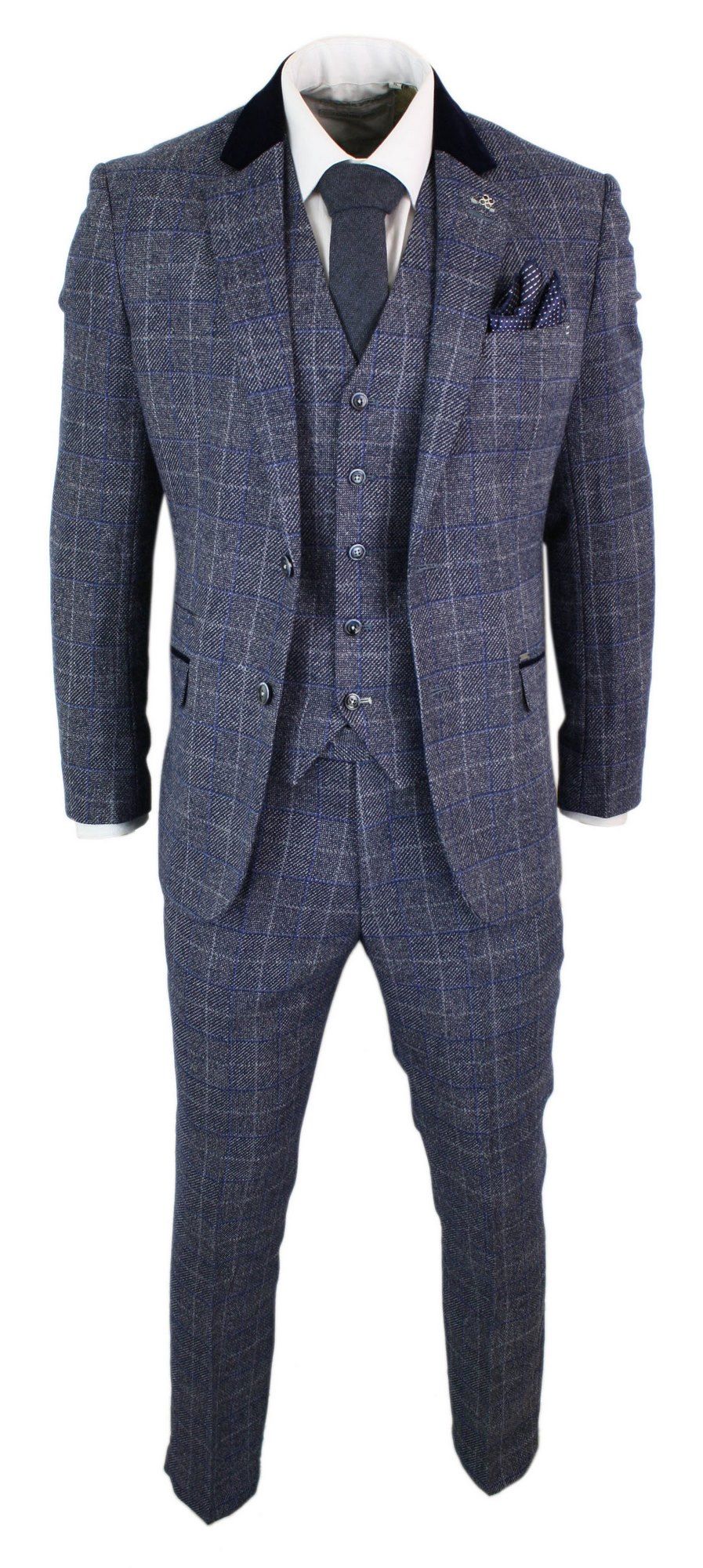Cavani Miles - Moška modro-mornarsko modra tvidasta obleka s tremi deli, vintage vzorec Peaky Blinders, retro iz 20. let prejšnjega stoletja
