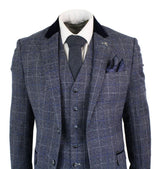 Cavani Miles - Moška modro-mornarsko modra tvidasta obleka s tremi deli, vintage vzorec Peaky Blinders, retro iz 20. let prejšnjega stoletja