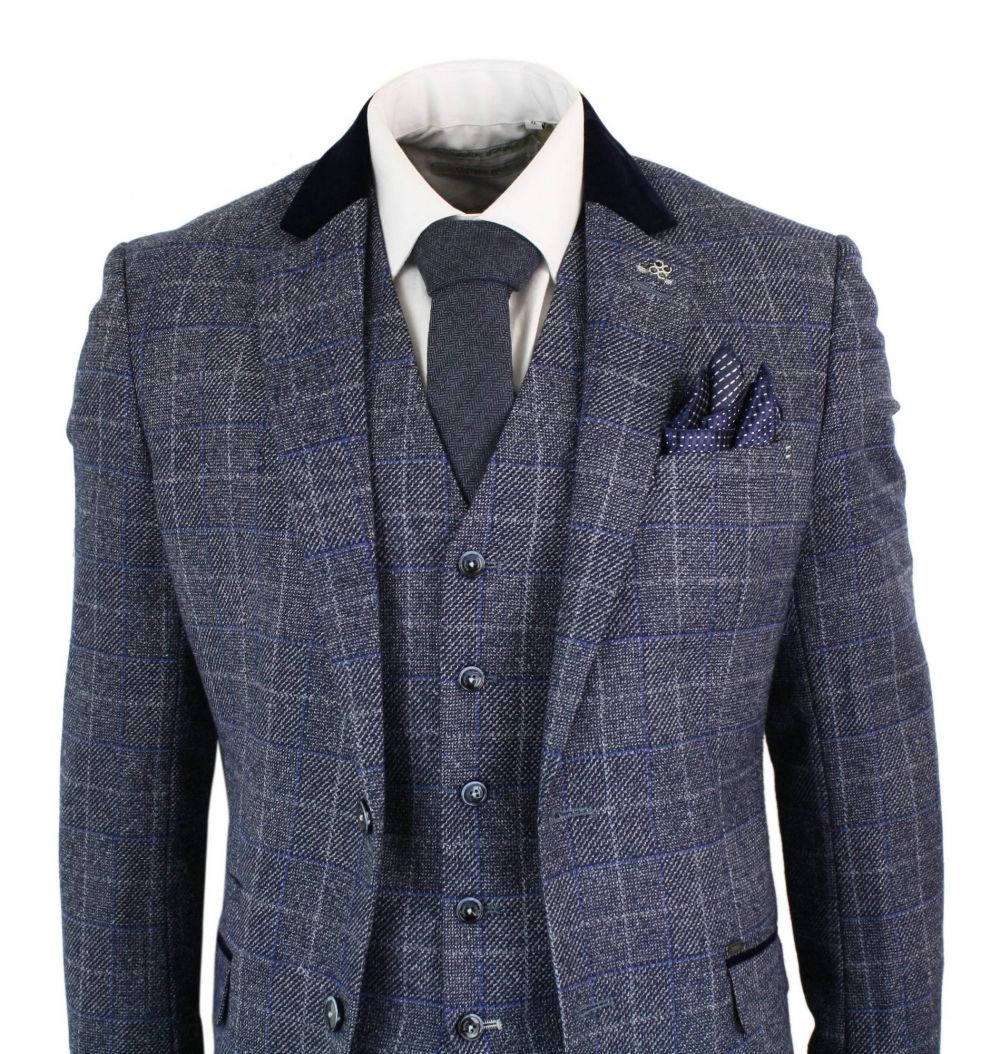 Cavani Miles - Moška modro-mornarsko modra tvidasta obleka s tremi deli, vintage vzorec Peaky Blinders, retro iz 20. let prejšnjega stoletja