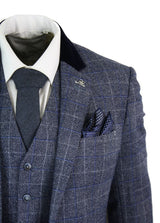 Cavani Miles - Moška modro-mornarsko modra tvidasta obleka s tremi deli, vintage vzorec Peaky Blinders, retro iz 20. let prejšnjega stoletja