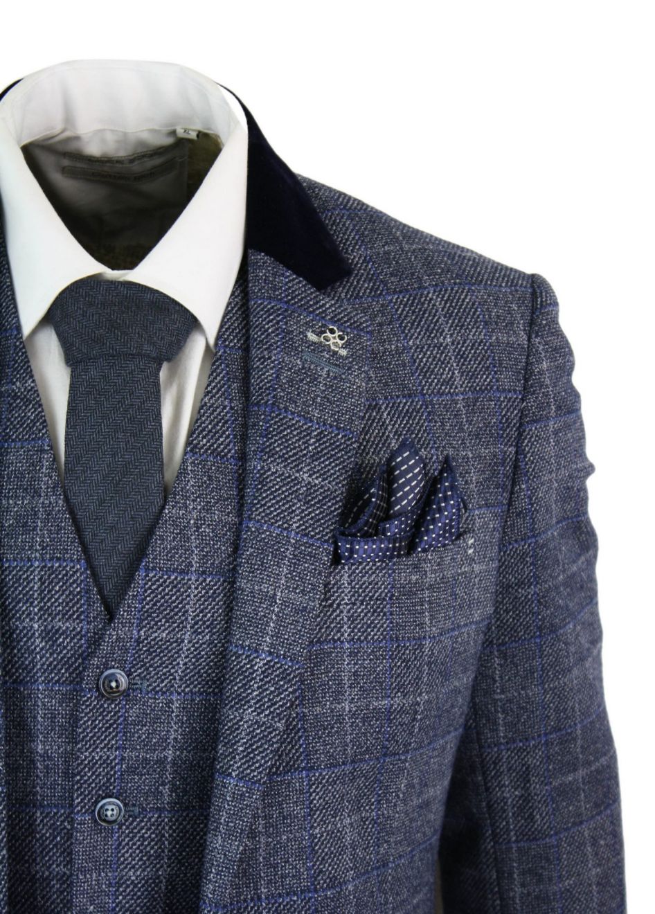 Cavani Miles - Moška modro-mornarsko modra tvidasta obleka s tremi deli, vintage vzorec Peaky Blinders, retro iz 20. let prejšnjega stoletja
