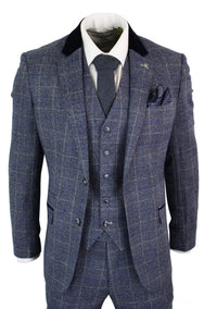 Cavani Miles - Moška modro-mornarsko modra tvidasta obleka s tremi deli, vintage vzorec Peaky Blinders, retro iz 20. let prejšnjega stoletja