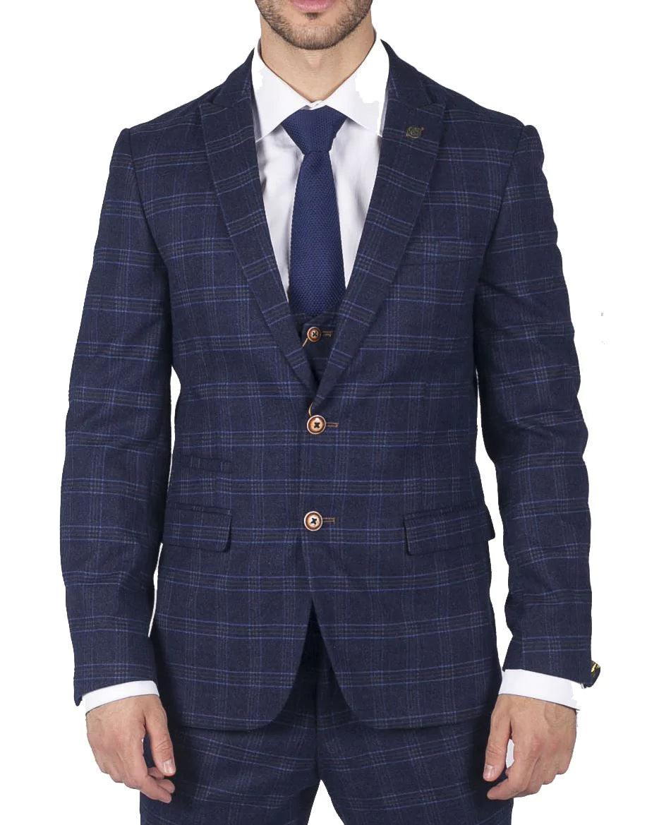 Moška modra karo obleka Marc Darcy Prince of Wales 3-delna elegantna, slim fit obleka Chigwell