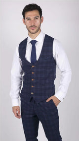 Moški moder karo telovnik Marc Darcy Prince of Wales, elegantno-ležerno ozek kroj Chigwell