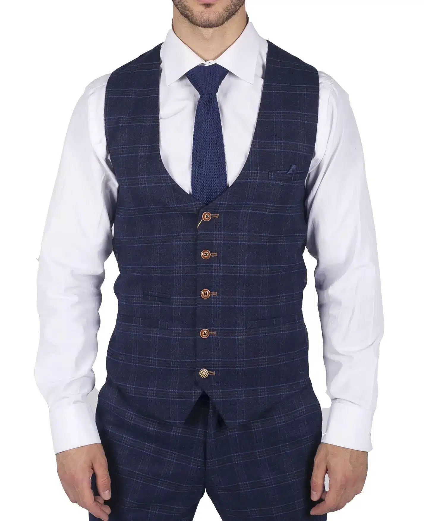 Moški moder karo telovnik Marc Darcy Prince of Wales, elegantno-ležerno ozek kroj Chigwell