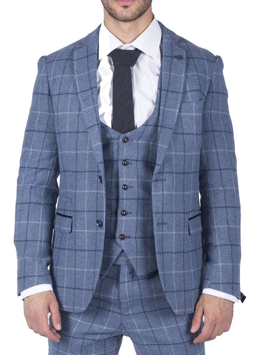 Moški Marc Darcy svetlo moder mornarsko moder karo blazer eleganten tvid slim fit Clinton