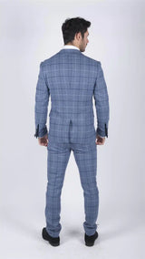 Moška Marc Darcy svetlo modra mornarsko modra karo 3-delna obleka Smart Casual Tweed Slim Fit Clinton