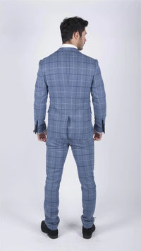 Moška Marc Darcy svetlo modra mornarsko modra karo 3-delna obleka Smart Casual Tweed Slim Fit Clinton