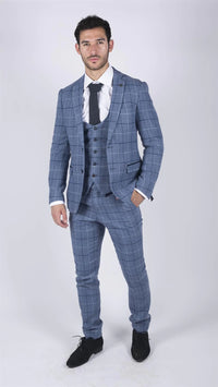 Moška Marc Darcy svetlo modra mornarsko modra karo 3-delna obleka Smart Casual Tweed Slim Fit Clinton