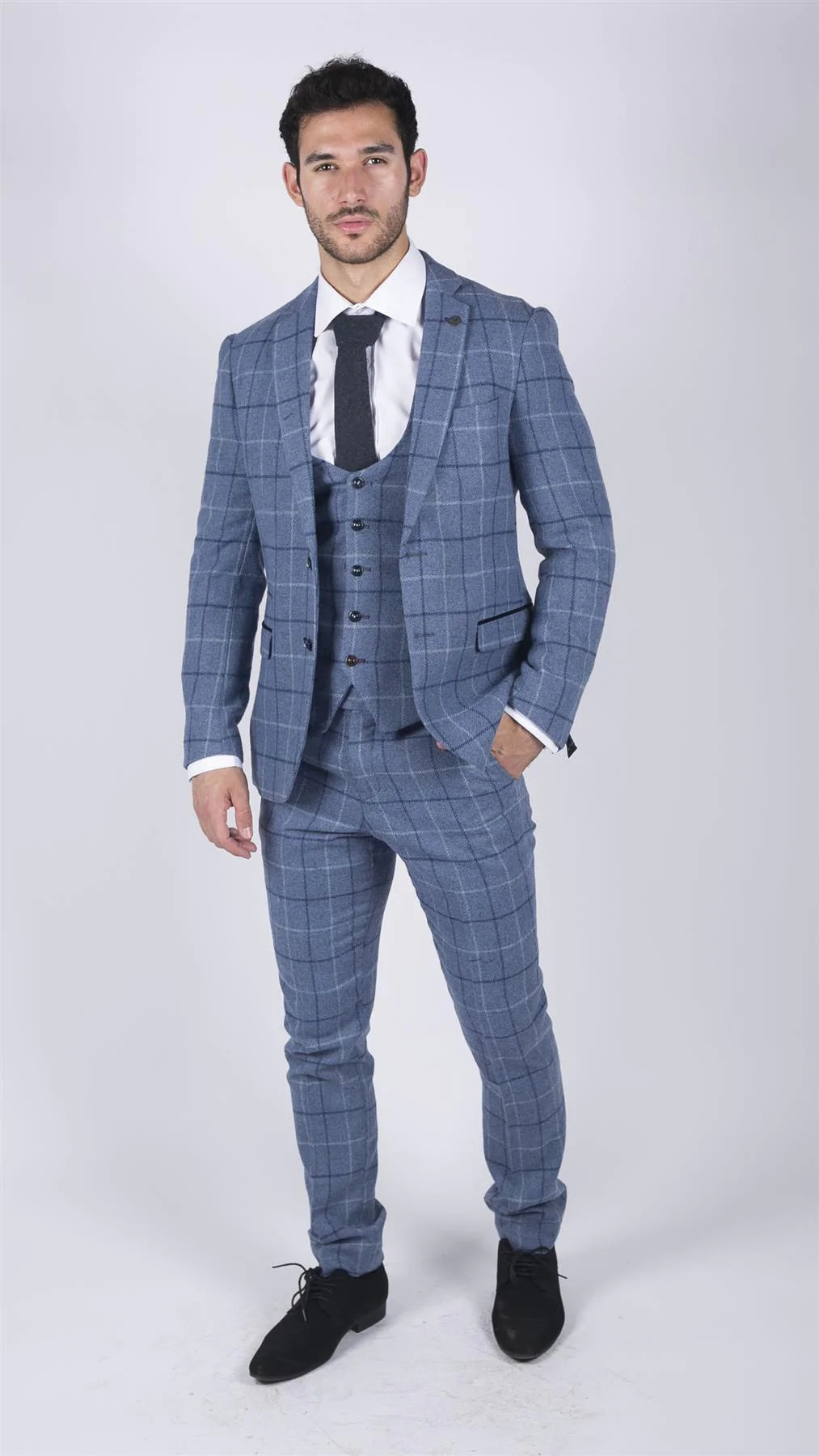 Moška Marc Darcy svetlo modra mornarsko modra karo 3-delna obleka Smart Casual Tweed Slim Fit Clinton