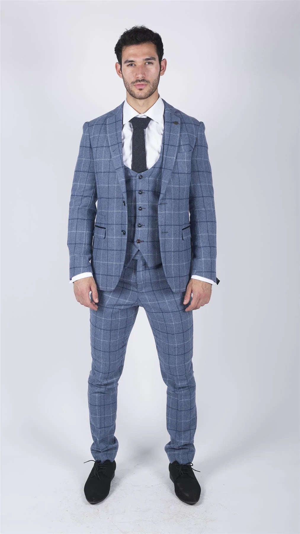 Moška Marc Darcy svetlo modra mornarsko modra karo 3-delna obleka Smart Casual Tweed Slim Fit Clinton