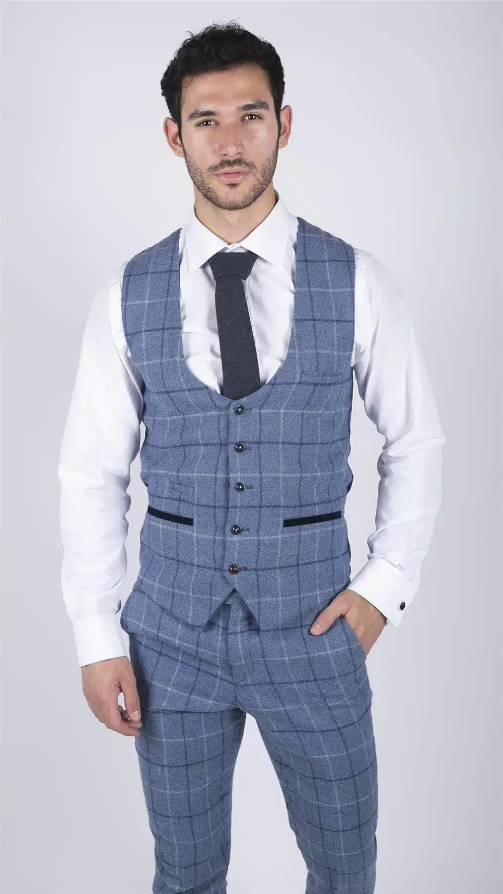 Moški svetlo moder karo telovnik Marc Darcy, elegantno-ležerni tvid slim fit Clinton