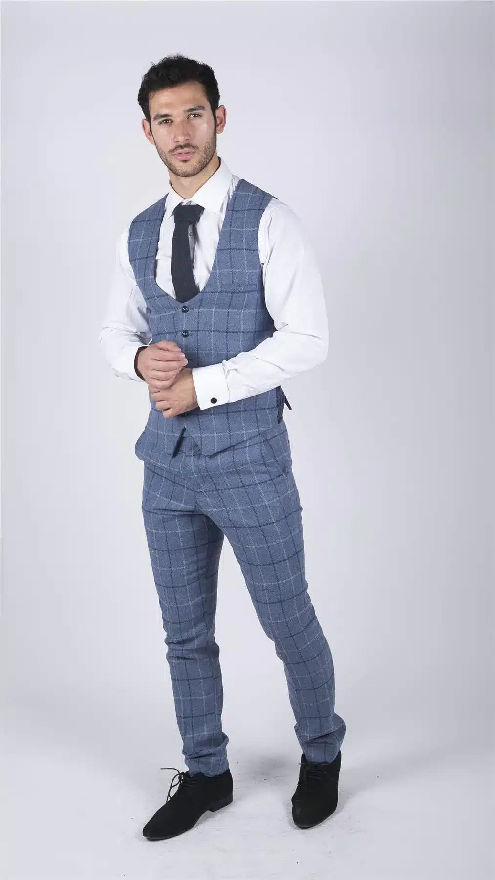 Moški svetlo moder karo telovnik Marc Darcy, elegantno-ležerni tvid slim fit Clinton