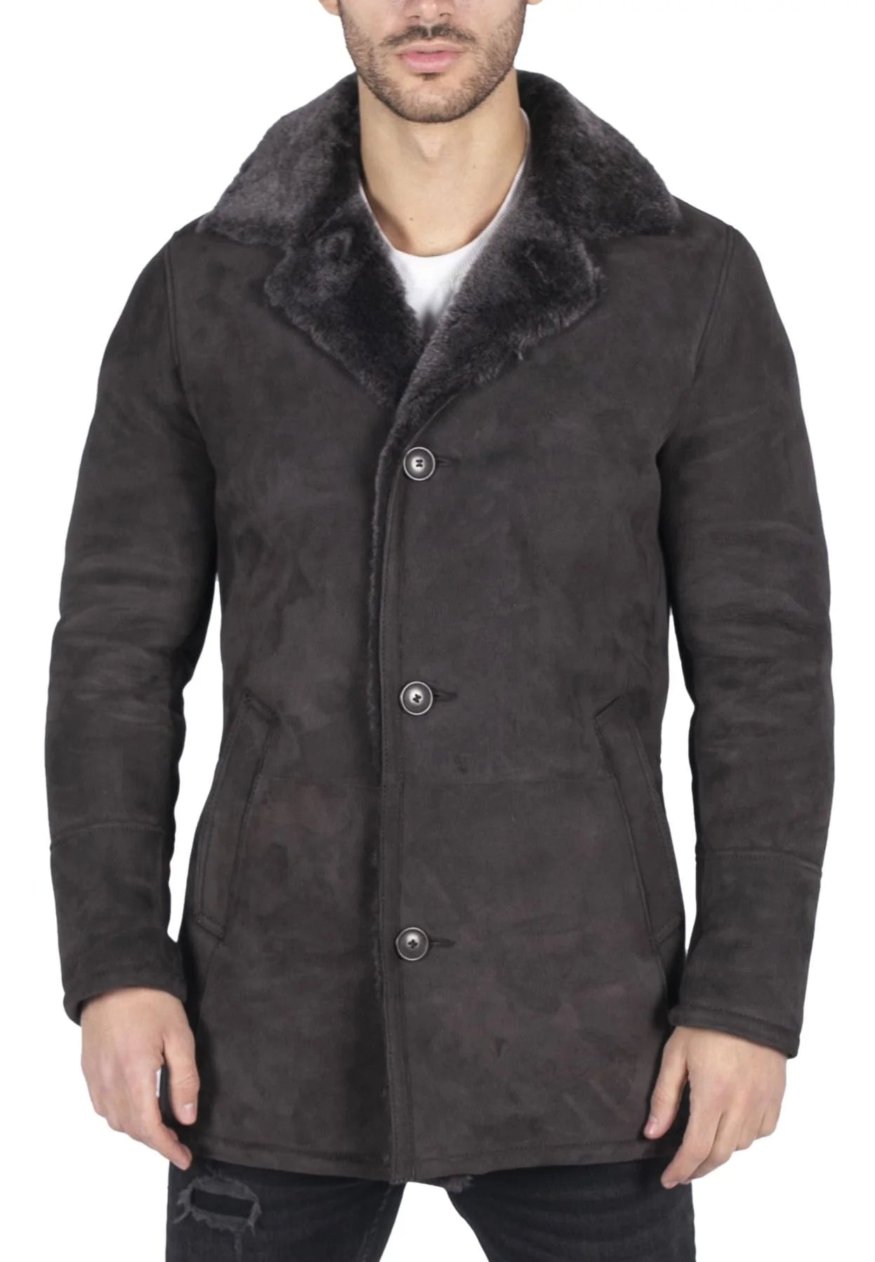 Moški plašč iz prave ovčje kože, rjav, vintage, klasičen 3/4 suknjič z gumbi in V-izrezom