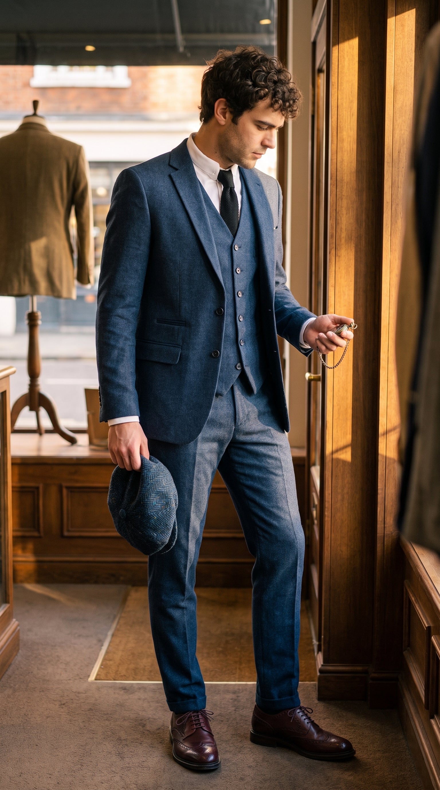 Look #828 styled with Moška temno modra volnena obleka Peaky Blinders