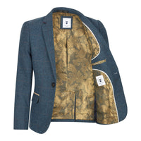 Fantovska modra 3-delna obleka iz tvida s kvačkanim vzorcem ribje kosti v vintage stilu