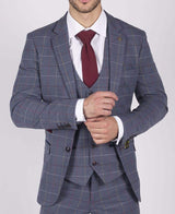Moški Marc Darcy modro-sivo-rdeč karo blazer elegantno-ležerno tvidasto oprijet kroj Drake