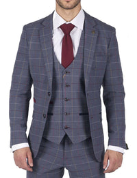 Moški Marc Darcy modro-sivo-rdeč karo blazer elegantno-ležerno tvidasto oprijet kroj Drake