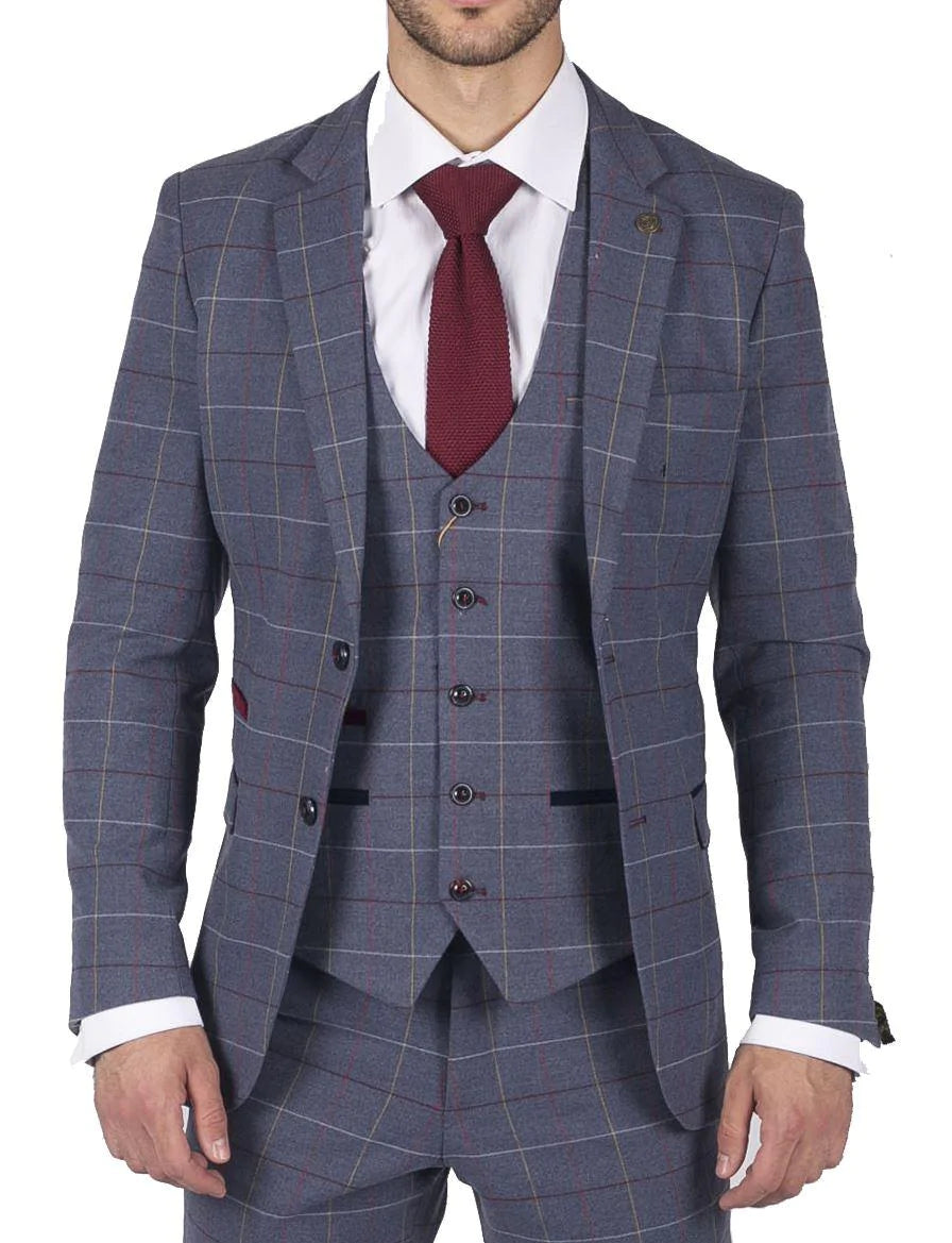 Moški Marc Darcy modro-sivo-rdeč karo blazer elegantno-ležerno tvidasto oprijet kroj Drake
