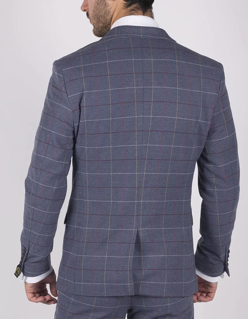 Moški Marc Darcy modro-sivo-rdeč karo blazer elegantno-ležerno tvidasto oprijet kroj Drake