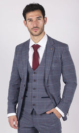 Moški Marc Darcy modro-sivo-rdeč karo blazer elegantno-ležerno tvidasto oprijet kroj Drake