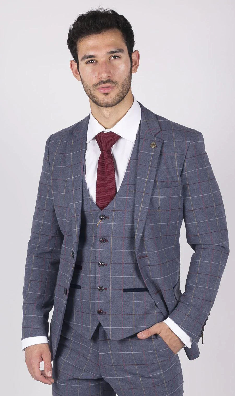 Moški Marc Darcy modro-sivo-rdeč karo blazer elegantno-ležerno tvidasto oprijet kroj Drake
