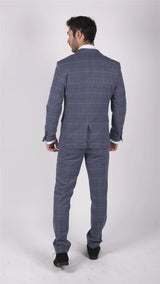 Moška obleka Marc Darcy modro-sivo-rdeče karo, 3-delna, elegantna, tvid, slim fit, Drake