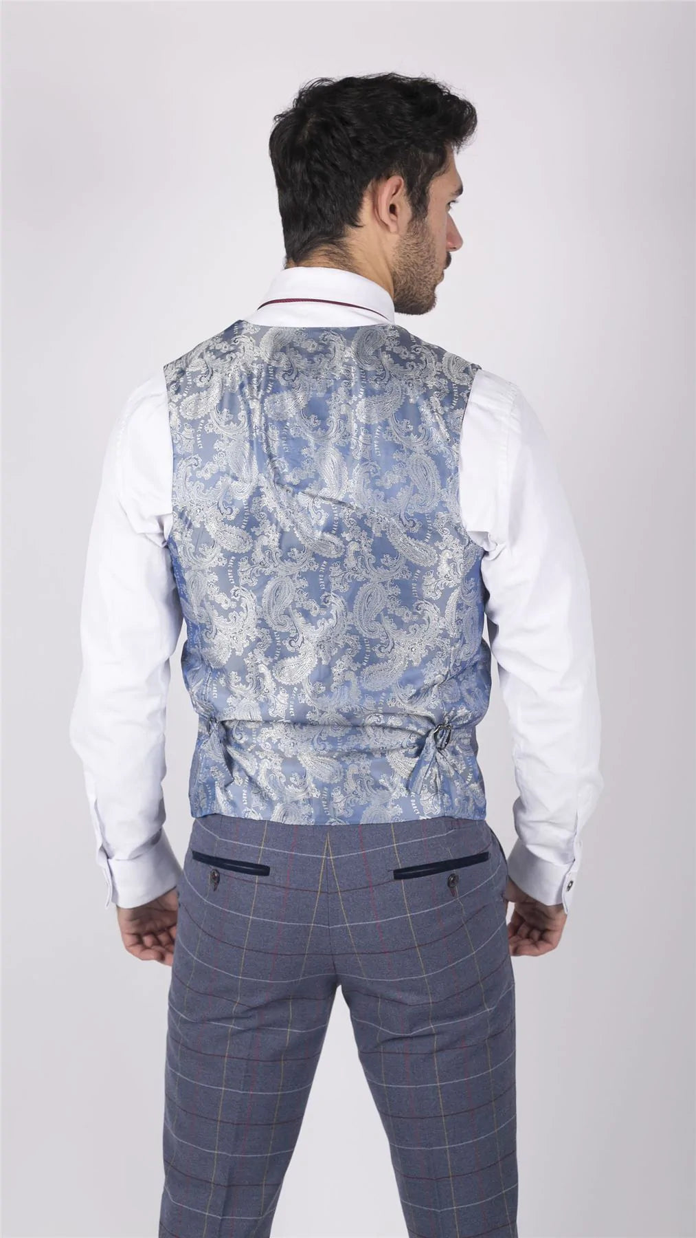 Moška obleka Marc Darcy modro-sivo-rdeče karo, 3-delna, elegantna, tvid, slim fit, Drake