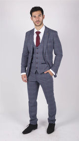 Moška obleka Marc Darcy modro-sivo-rdeče karo, 3-delna, elegantna, tvid, slim fit, Drake