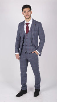 Moška obleka Marc Darcy modro-sivo-rdeče karo, 3-delna, elegantna, tvid, slim fit, Drake
