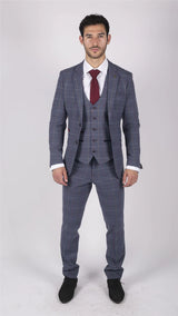 Moška obleka Marc Darcy modro-sivo-rdeče karo, 3-delna, elegantna, tvid, slim fit, Drake
