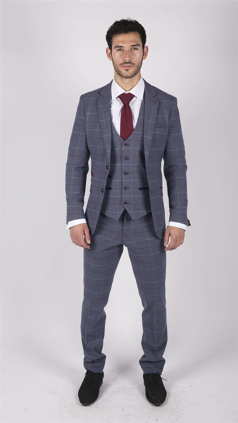 Moška obleka Marc Darcy modro-sivo-rdeče karo, 3-delna, elegantna, tvid, slim fit, Drake