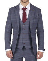 Moška obleka Marc Darcy modro-sivo-rdeče karo, 3-delna, elegantna, tvid, slim fit, Drake