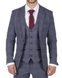 Moška obleka Marc Darcy modro-sivo-rdeče karo, 3-delna, elegantna, tvid, slim fit, Drake